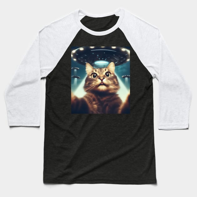 Funny Cat selfie with UFO Baseball T-Shirt by TomFrontierArt